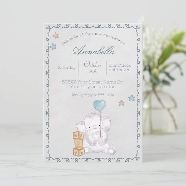Invitation Éléphant bébé mignon et ballon aquarelle (Debout devant)