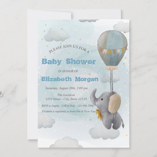 Invitation Éléphant Bébé, Nuage, Étoiles Baby Shower (Devant)