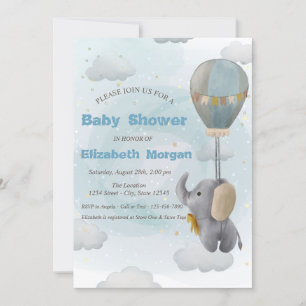 Invitation Éléphant Bébé, Nuage, Étoiles Baby Shower