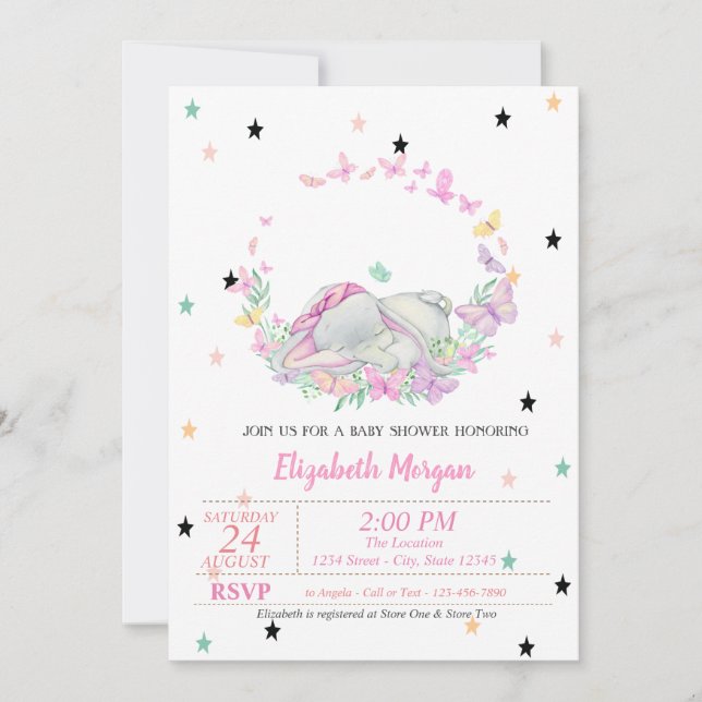 Invitation Éléphant Bébé, Papillons, Étoiles Baby Shower  (Devant)