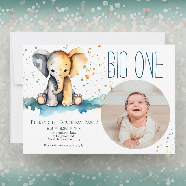 Invitation Elephant Big One 1st Birthday Party Photo enfant (Créateur téléchargé)