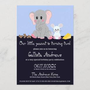 Invitation Eléphant blanc gris mou Souris arachide Anniversai