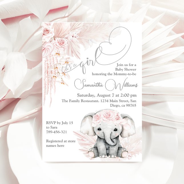 Invitation Elephant Blash Baby shower Boho Rose Fleur (Créateur téléchargé)