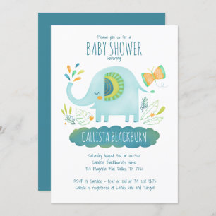 Invitation Elephant bleu garçon mignon Baby shower Jungle