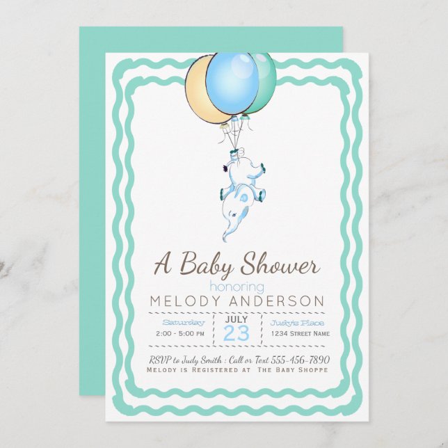 Invitation Eléphant bleu mignon et Baby shower de ballons (Devant / Derrière)