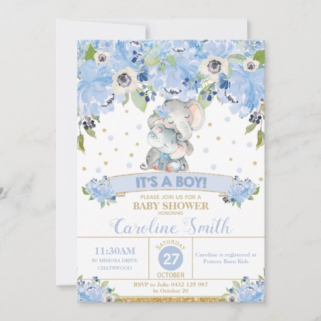 Invitation Elephant Blue Floral Baby shower Garçon maman et b (Devant)