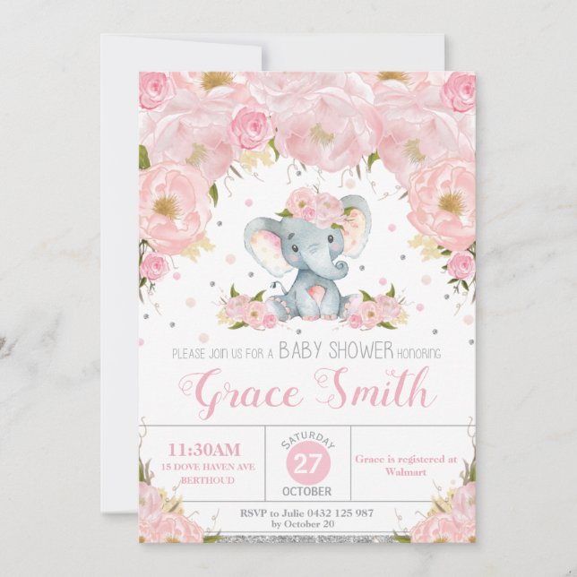 Invitation Eléphant Blush Floral Baby shower Parties scintill (Devant)