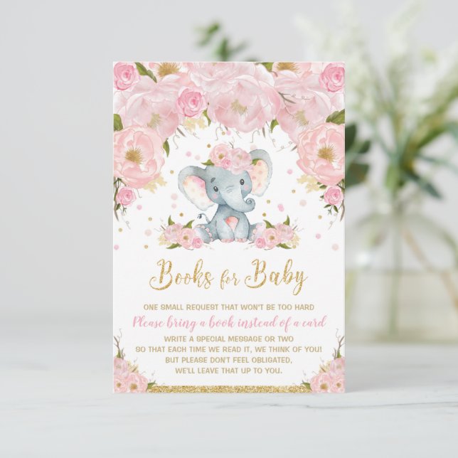 Invitation Elephant Blush Rose Floral Livres pour Baby Card (Debout devant)