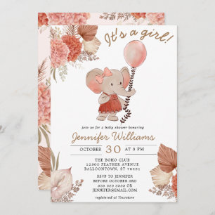 Invitation Elephant Boho Floral Baby shower Girl