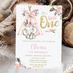 Invitation Eléphant Boho Tribal Pink Wild Un 1er anniversaire