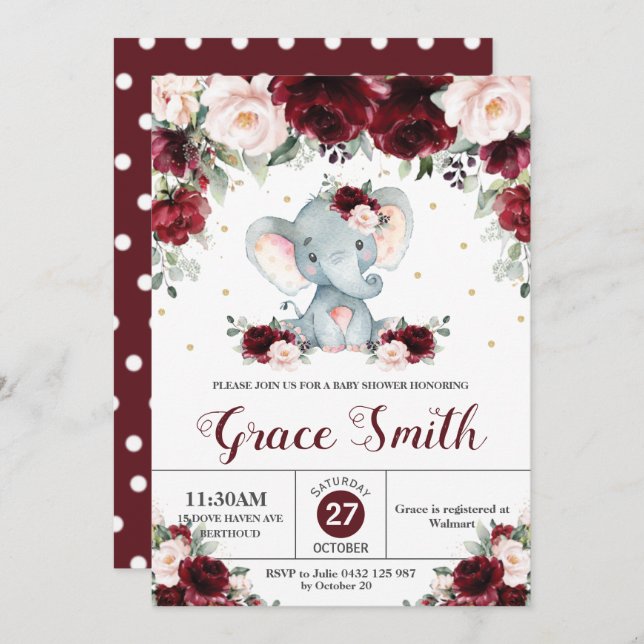 Invitation Elephant Bourgogne Blush Floral Baby shower Girl (Devant / Derrière)