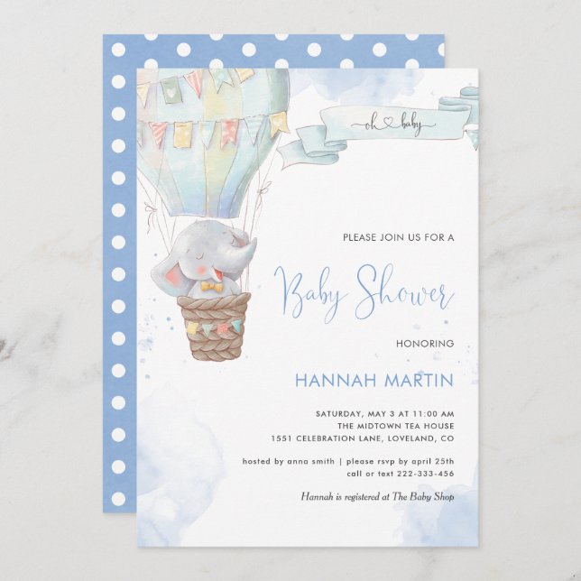 Invitation Elephant Boy Blue Balloon mignon Baby shower (Devant / Derrière)