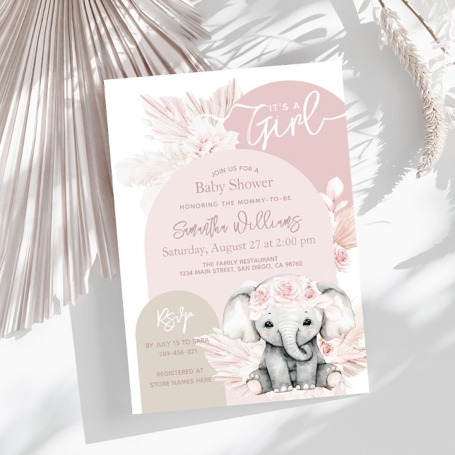 Invitation Elephant C'est une fille Boho Baby shower rose flo (Créateur téléchargé)