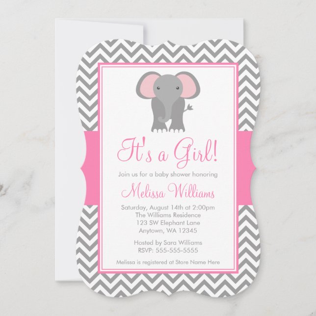 Invitation Elephant Chevron rose Grey Baby shower fille (Devant)