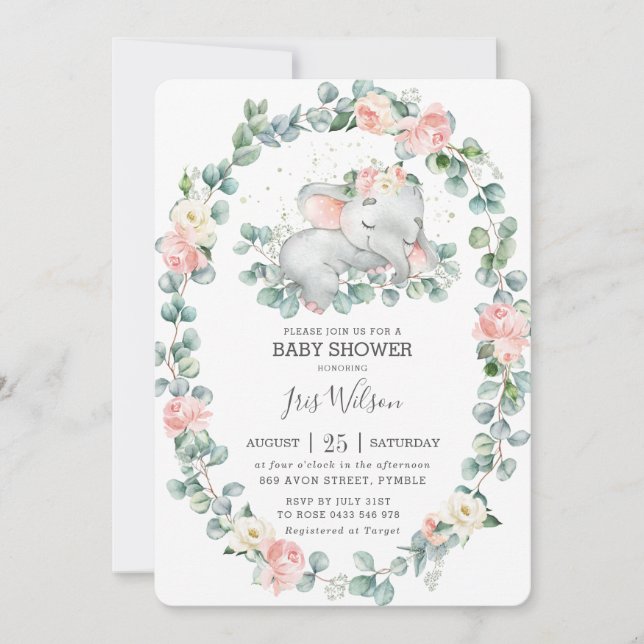 Invitation Eléphant couché mignon vert Baby shower fille (Devant)