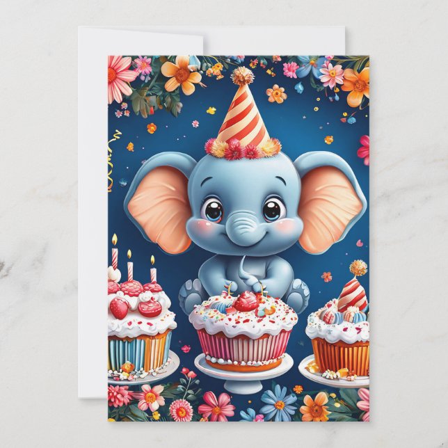 Invitation éléphant d'anniversaire avec gâteau et ballons (Devant)