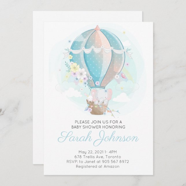 Invitation Elephant dans le Baby shower à ballon à air chaud  (Devant / Derrière)