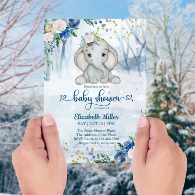 Invitation Eléphant Dans Le Baby shower De Forêt D'Hiver (Créateur téléchargé)