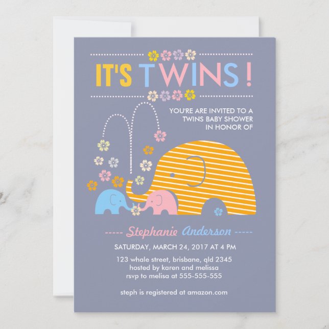 Invitation Éléphant de bébé de jumeaux de coutume et douche (Devant)