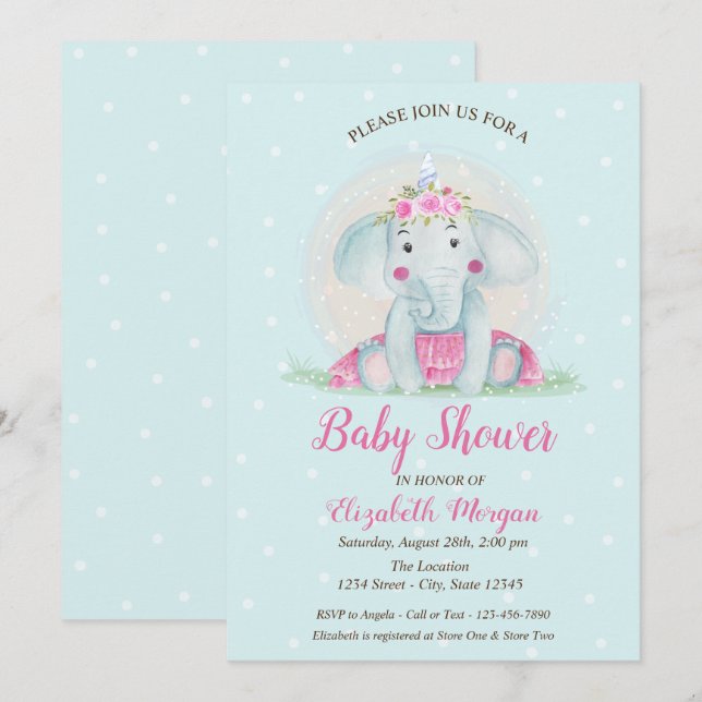 Invitation Éléphant de bébé mignon, Baby Shower à points bleu (Devant / Derrière)