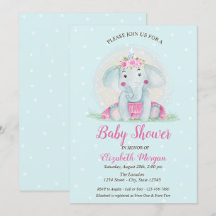 Invitation Éléphant de bébé mignon, Baby Shower à points bleu