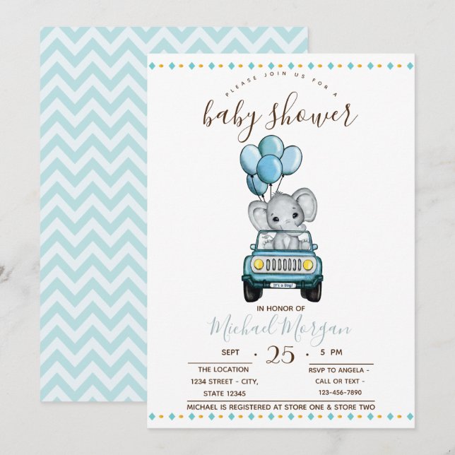 Invitation Éléphant de bébé mignon en voiture, Baby Shower Zi (Devant / Derrière)