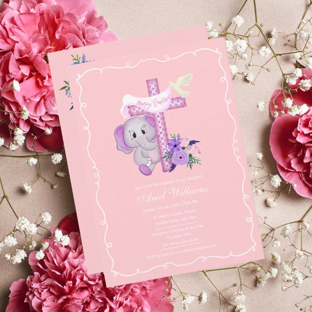 Invitation Eléphant De Bébé Rose Avec La Colombe Et Le Baptêm (This sweet Elephant Baptism invitation is delicate, lovely and easy to add your event details. )