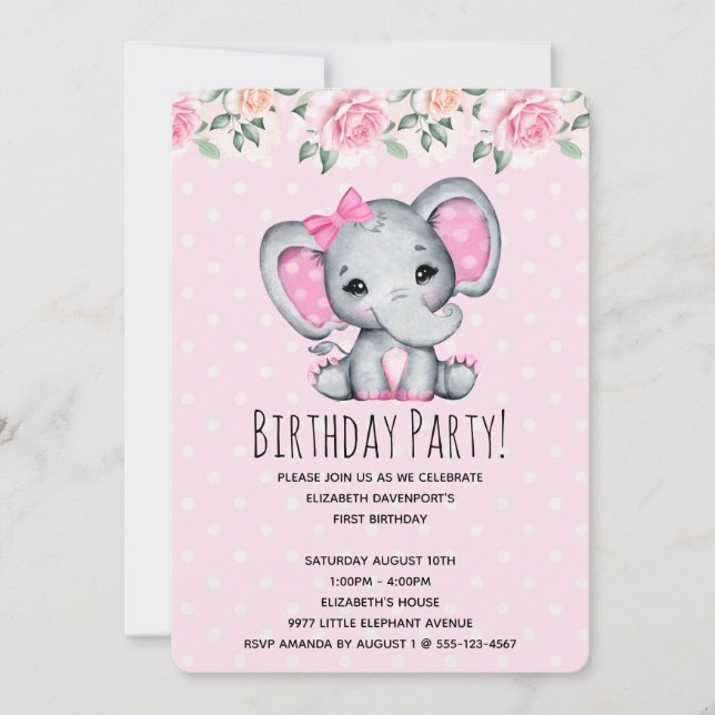 Invitation Eléphant de bébé rose et Baby shower frontalier Ro (Devant)