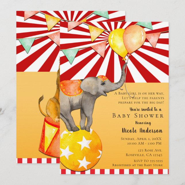Invitation Éléphant de cirque sur ballon Fête de baby shower  (Devant / Derrière)