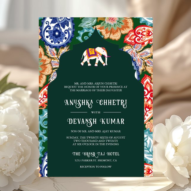 Invitation Éléphant de l'art populaire indien Vert Émeraude M (Créateur téléchargé)