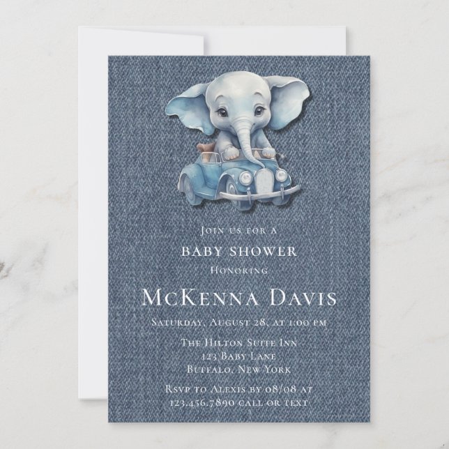 Invitation Elephant Denim Vintage Voiture Baby shower (Devant)