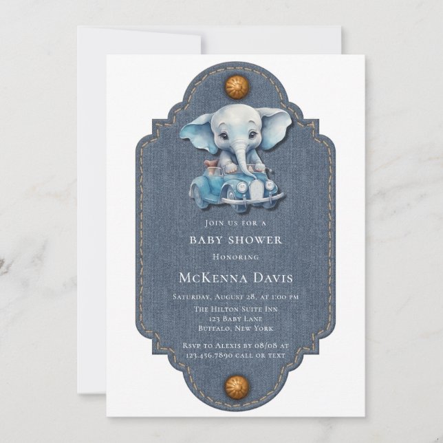 Invitation Elephant Denim Vintage Voiture Baby shower (Devant)