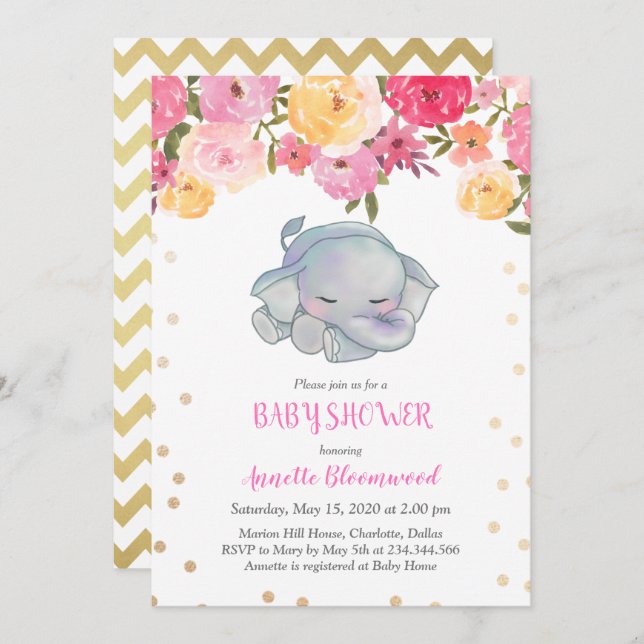 Invitation Eléphant dormant mignon Baby shower floral rose (Devant / Derrière)