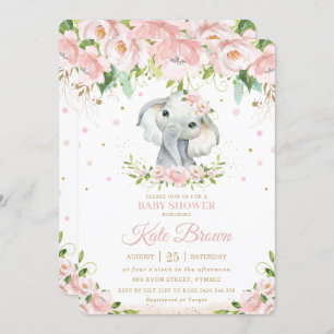 Invitation Eléphant doux Blush rose Baby shower Floral Or