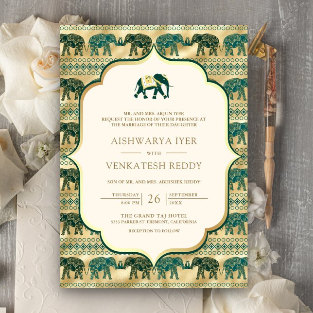 Invitation Eléphant émeraude de crème tout en un Mariage indi (Créateur téléchargé)
