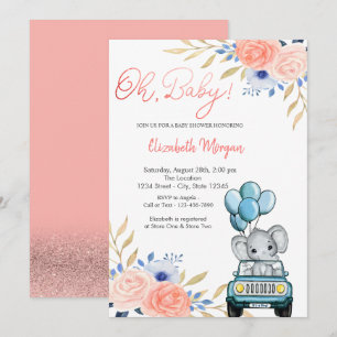 Invitation Éléphant en voiture, Baby Shower Fleurs Ballons