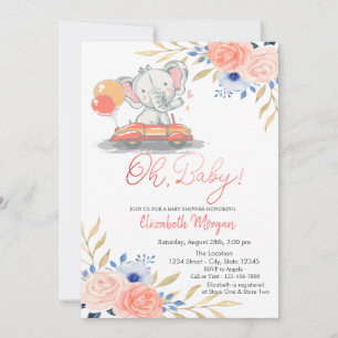 Invitation Éléphant en voiture, Baby Shower Floral aux Ballon