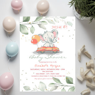 Invitation Elephant En Voiture Floral Conduire Par Baby showe