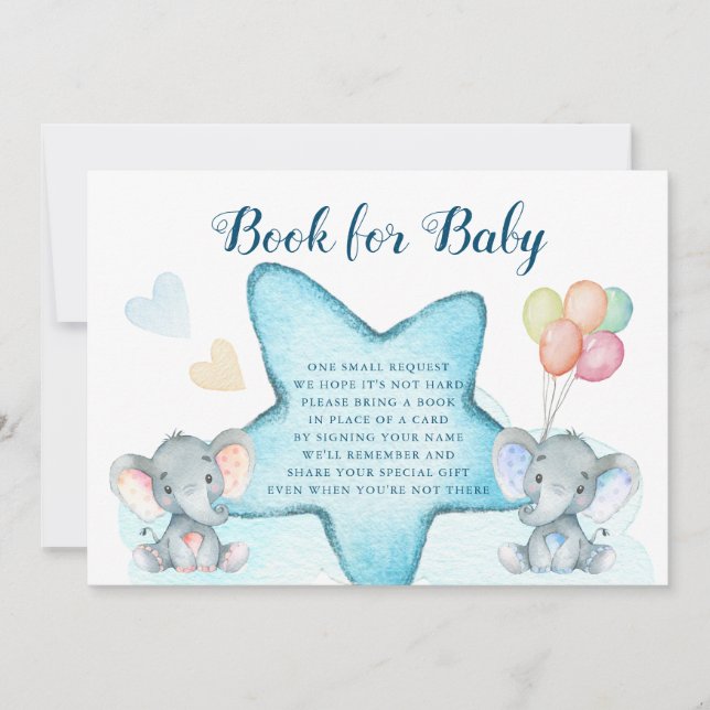 Invitation Elephant Et Blue Star Books Demander Baby shower (Devant)