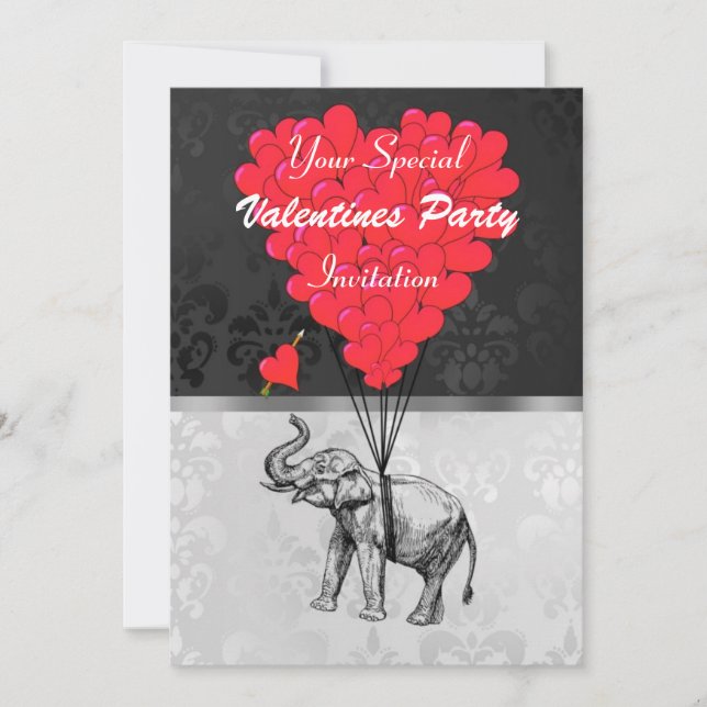 Invitation Elephant et coeur sur damask valentines fête (Devant)