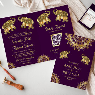 Invitation Eléphant ethnique d'or violet Indien Code QR Maria