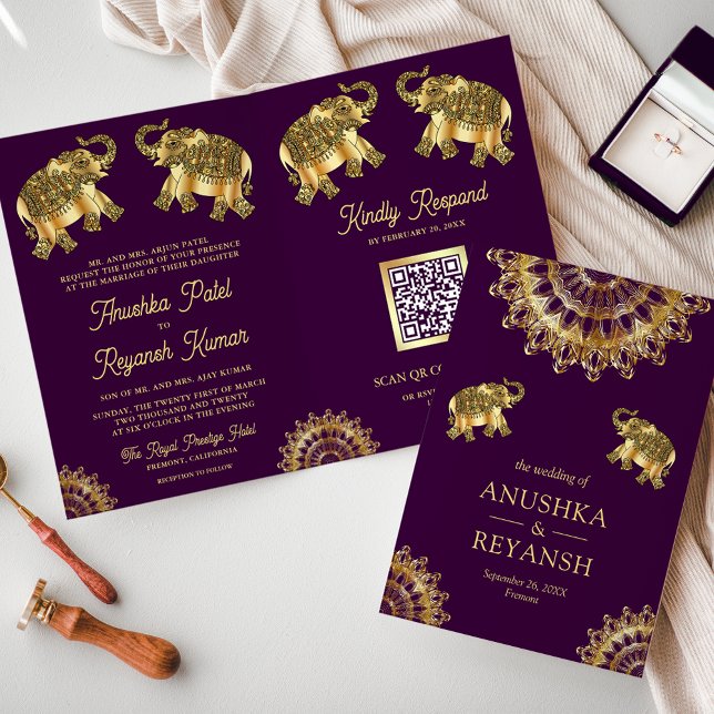 Invitation Eléphant ethnique d'or violet Indien Code QR Maria (Créateur téléchargé)
