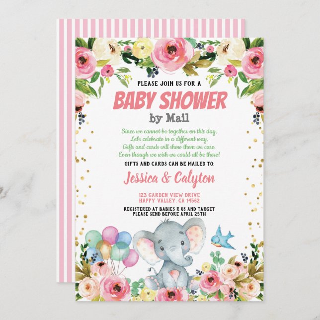Invitation Eléphant fille baby shower par mail rose rose rose (Devant / Derrière)