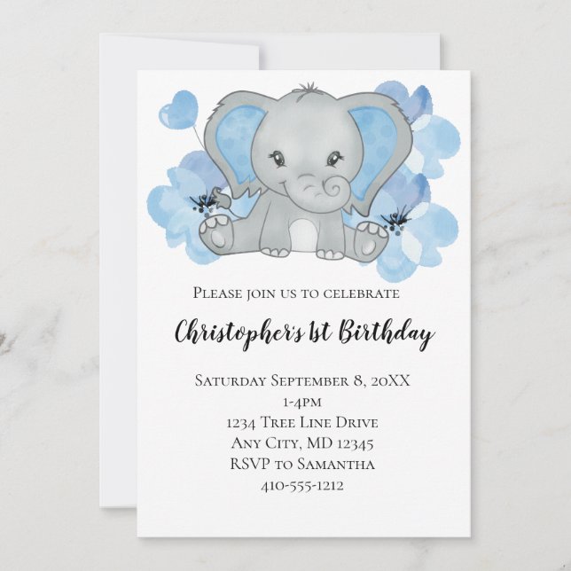 Invitation Éléphant Fleur Garçon Bleu Ballons Anniversaire I (Devant)