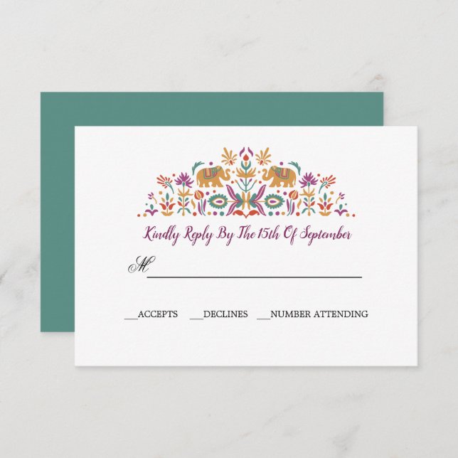 Invitation Eléphant Fleur Indien Jade vert mariage RSVP (Devant / Derrière)