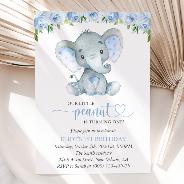 Invitation Éléphant, Fleurs Aquarelle Bleue, Premier Annivers (Créateur téléchargé)