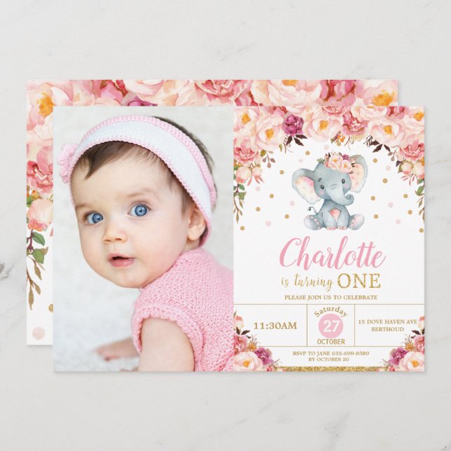 Invitation Eléphant Floral Blush 1er Anniversaire Gold Photo (Devant / Derrière)
