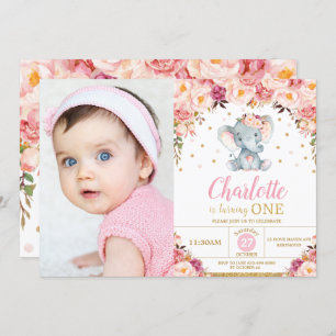 Invitation Eléphant Floral Blush 1er Anniversaire Gold Photo