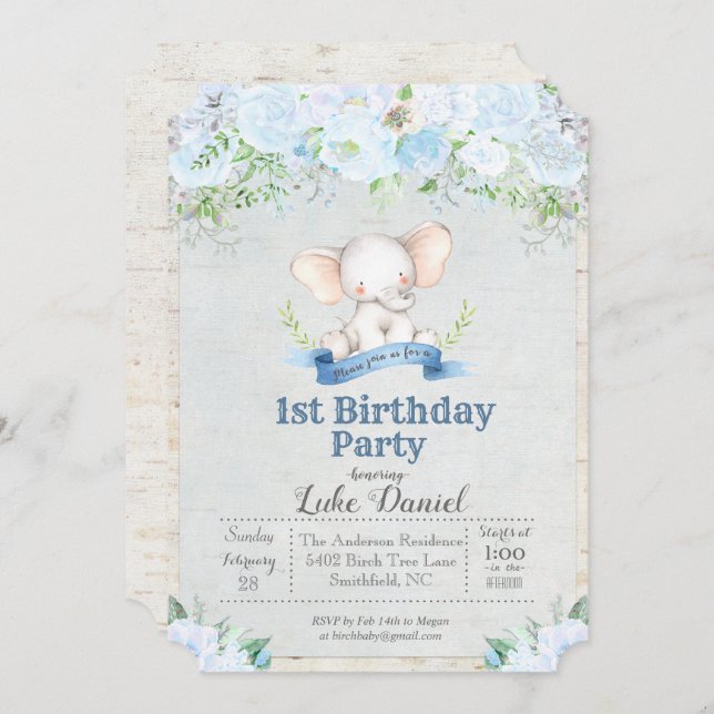 Invitation Elephant Floral Boy 1er Anniversaire Fête Invitati (Devant / Derrière)