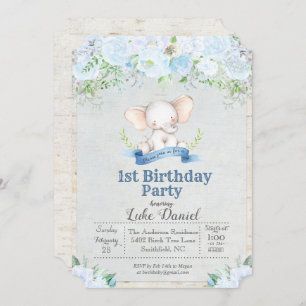 Invitation Elephant Floral Boy 1er Anniversaire Fête Invitati